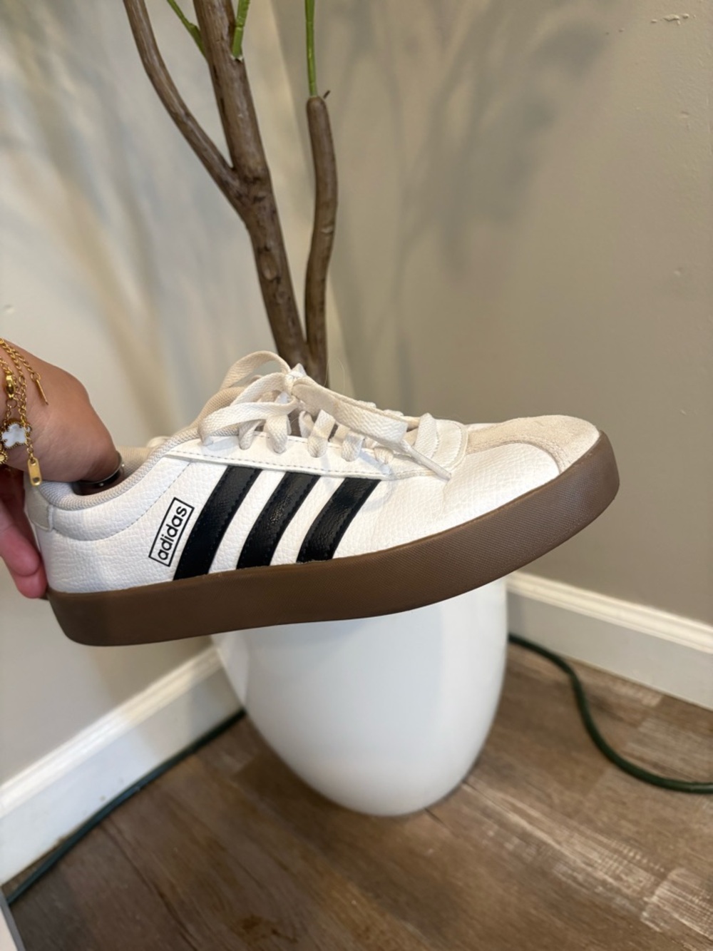 adidas Women’s White Sneakers with Black Stripes and Gum Sole - Picture 2 of 7